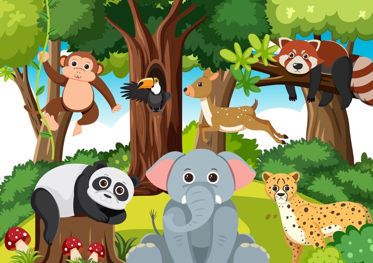 Vetor grátis bonitos animais selvagens na floresta
