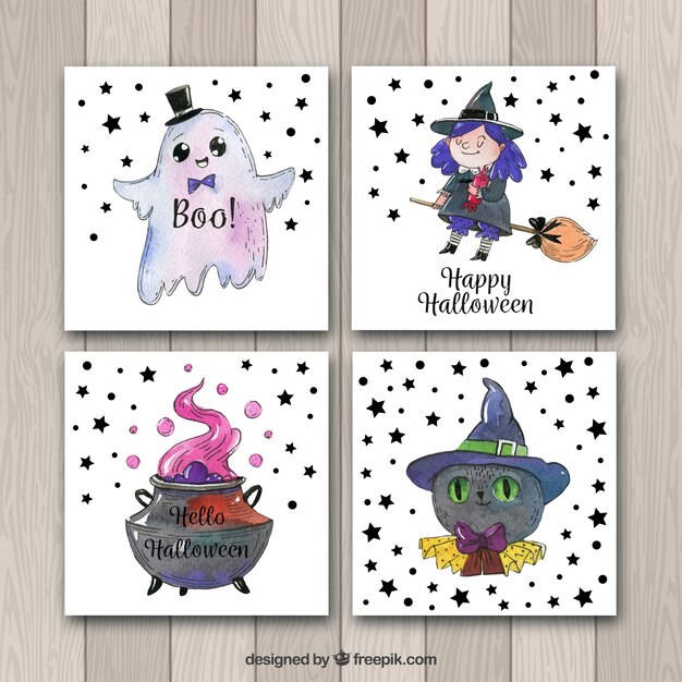 Bonitos cartões de Halloween com estilo aquarela