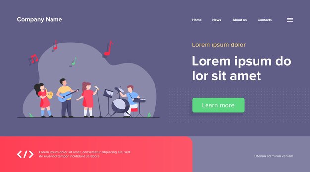 Bonitos jovens músicos no modelo da web do festival de música da escola. Desenhos animados de crianças tocando instrumentos musicais e cantores cantando na festa