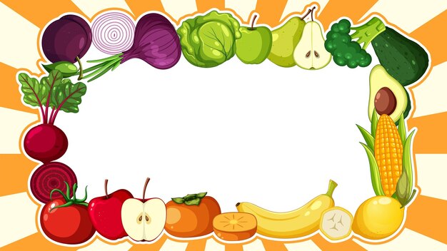 Borda colorida da moldura de frutas e vegetais em fundo retrô