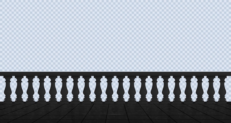 Vetor grátis borda de balaustrada de varanda preta 3d com pilar e elemento vetorial de piso cerca de mármore do palácio romano com corrimão balaústre decorativo realista isolado para terraço grego em fundo transparente