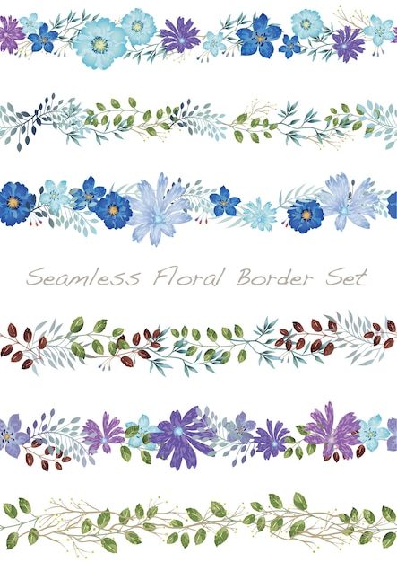 Borda floral aquarela de vetor sem costura definida em branco