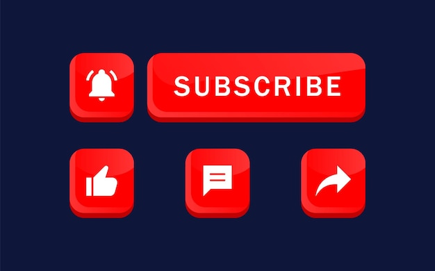 Botão de inscrição do youtube 3d com ícones de notificação de mídia social como sinal de ícone de sino de compartilhamento de comentários Vetor Premium