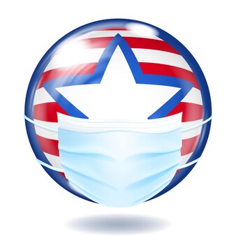 Botão de vidro redondo nas cores da bandeira dos eua com máscara médica descartável para proteção contra coronavírus