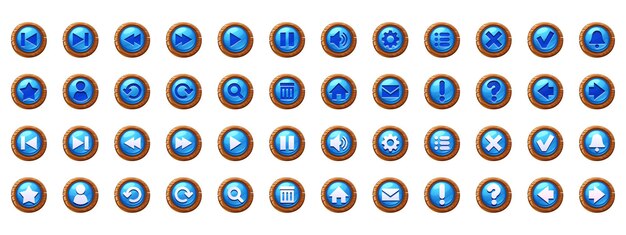 Botões azuis de círculo com moldura de madeira e ícones