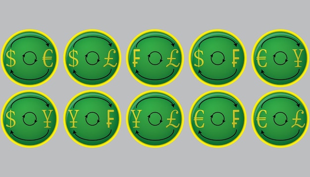 Botões de ícone de câmbio de moeda e símbolos de moeda de câmbio de moeda estrangeira e transferência de dinheiro ilustração vetorial Vetor Premium