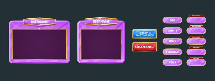 Vetor grátis botões e painéis de sobreposição de streaming de jogo