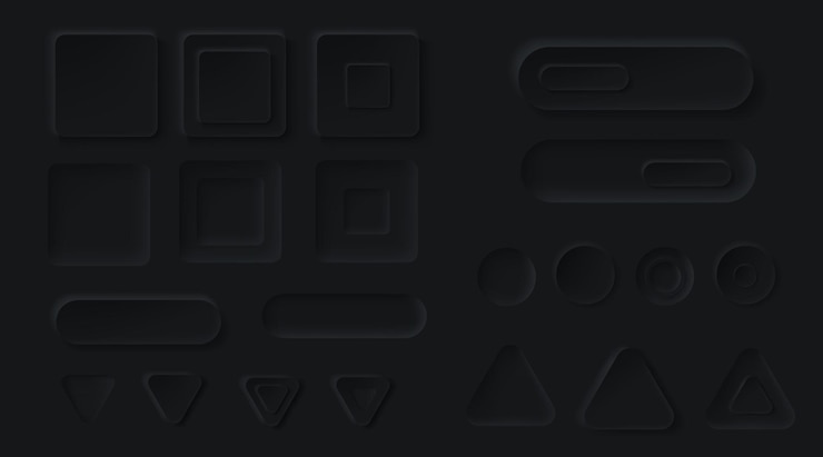 Vetor grátis botões pretos neumórficos para o aplicativo de interface do usuário. elementos de design vetorial 3d para interface de usuário, círculo em branco, ícones suaves de triângulo e quadrado, formulários da web e controles deslizantes para site escuro ou interface de aplicativo