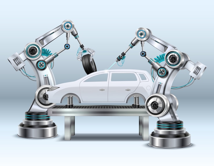 Vetor grátis braços robóticos no processo de fabricação de linha de montagem de carro na indústria automotiva composição realista closeup imagem