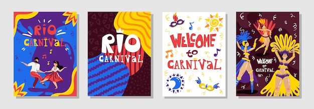Brasil rio carnaval anúncio 4 cartazes coloridos conjunto com símbolos de música sorrindo dançarinos isolados ilustração vetorial
