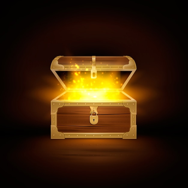 Brilhar na composição realista de baú de madeira velha do cofre do tesouro com tampa aberta e partículas douradas