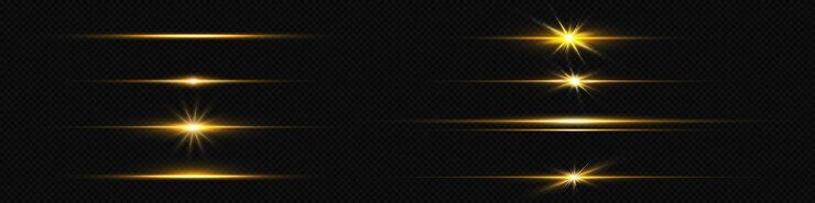 Vetor grátis brilho de luz de linha de ouro com brilho e brilho de reflexo efeito de raia de néon dourado horizontal isolado em fundo transparente divisor de tira de laser de flash mágico com ilustração de design de brilho de brilho