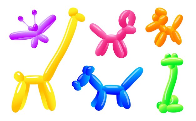 Brinquedos de balão fofo em forma de conjunto de ilustrações vetoriais de animais. Coleção de estampas com cachorro e borboleta feita de balões de látex para festa em fundo branco. Celebração, conceito de entretenimento
