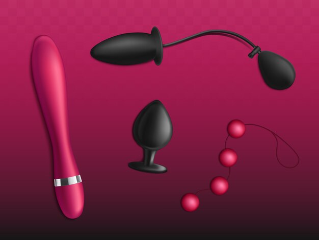 Brinquedos do sexo para o grupo do prazer das mulheres isolado no fundo do vermelho do inclinação.