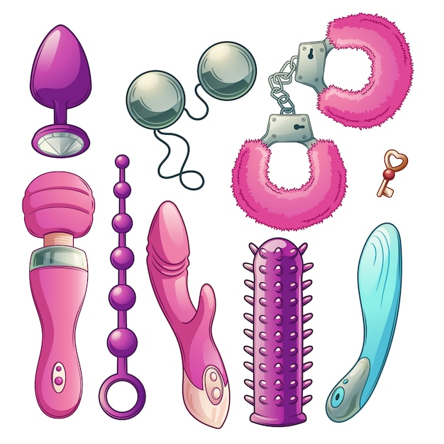 Vetor grátis brinquedos do sexo para o prazer das mulheres e o jogo erótico do papel de jogo jogo do cartoon com os vários dildos da forma