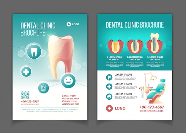 Brochura de publicidade clínica dentária, modelo de páginas de desenhos animados de cartaz.