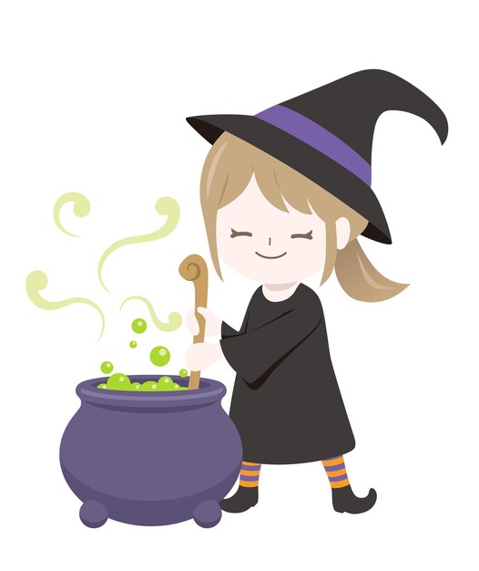 Bruxa Bonita Fazendo Poções Mágicas Isoladas Em Um Fundo Branco. Ilustração em vetor Halloween.