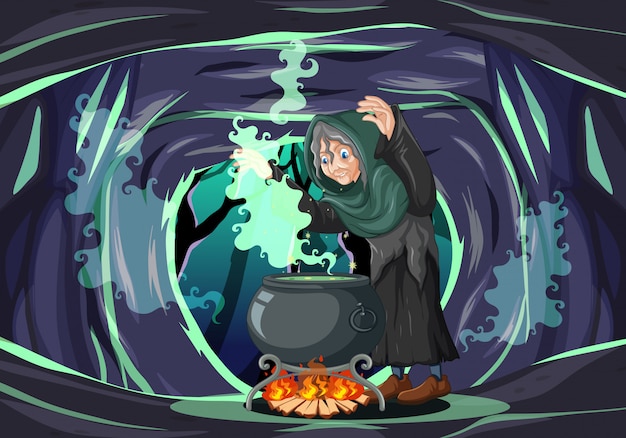 Bruxa com estilo de desenho animado de maconha de magia negra em fundo escuro de caverna