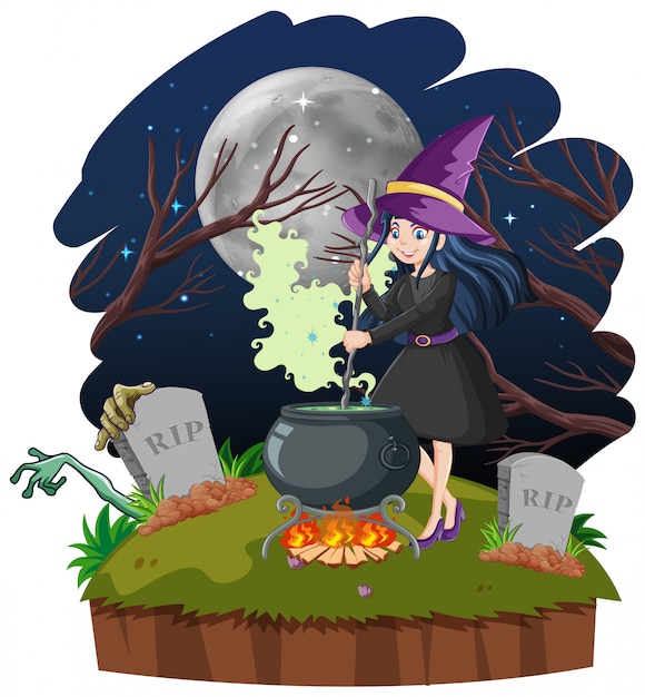 Vetor grátis bruxa com estilo de desenho animado pote de magia negra em fundo escuro da floresta