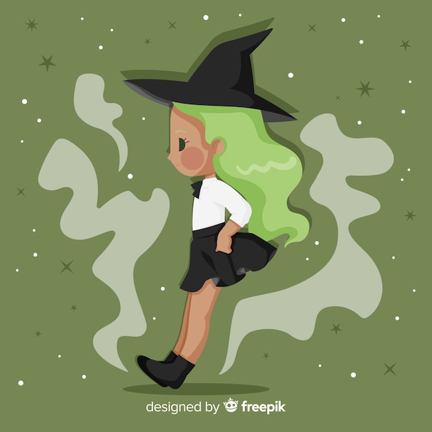 Vetor grátis bruxa de halloween bonito com cabelo verde