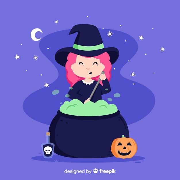 Bruxa de halloween bonito com uma panela