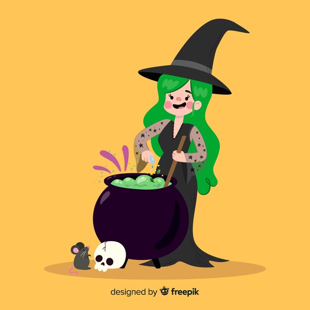 Bruxa de halloween bonito fazendo feitiço