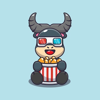 Búfalo fofo comendo pipoca e assistindo filme em 3d