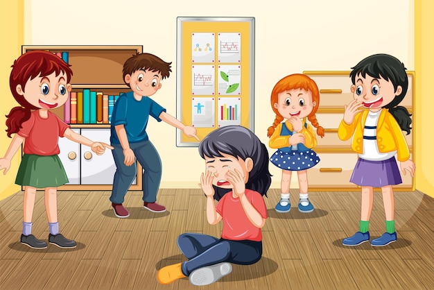 Bullying escolar com personagens de desenhos animados de estudantes