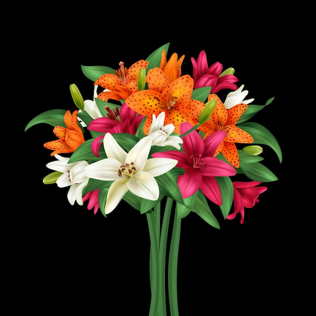 Vetor grátis buquê de flores de lírio multicolorido realista em ilustração vetorial de fundo escuro