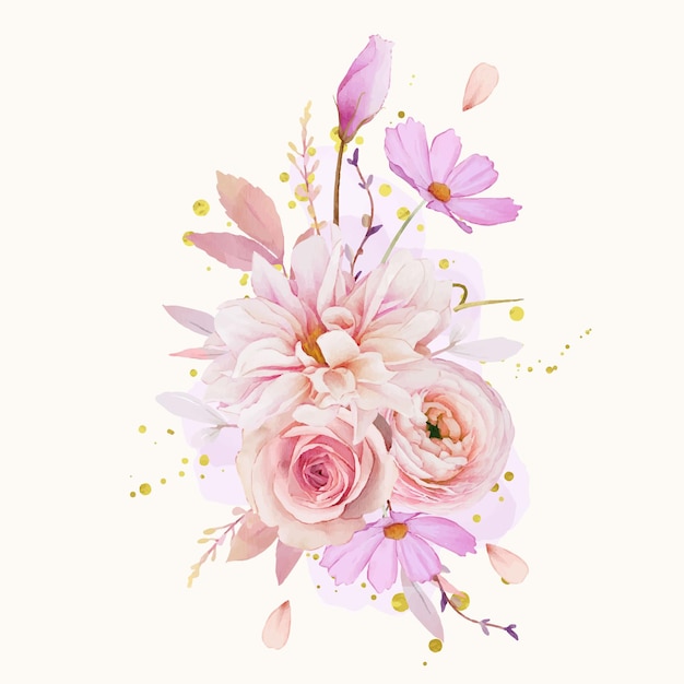 Buquê em aquarela de dália rosa e flor de ranúnculo