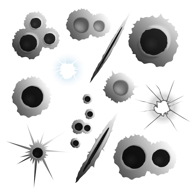Vetor grátis buracos de bala conjunto realista de imagens isoladas com vários furos e furos de projéteis em ilustração vetorial de fundo em branco
