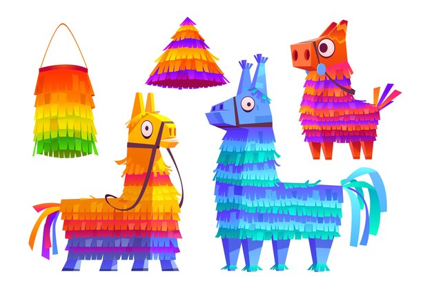 Burros pinatas mexicanos e brinquedos coloridos de lhama com guloseimas para o aniversário de crianças