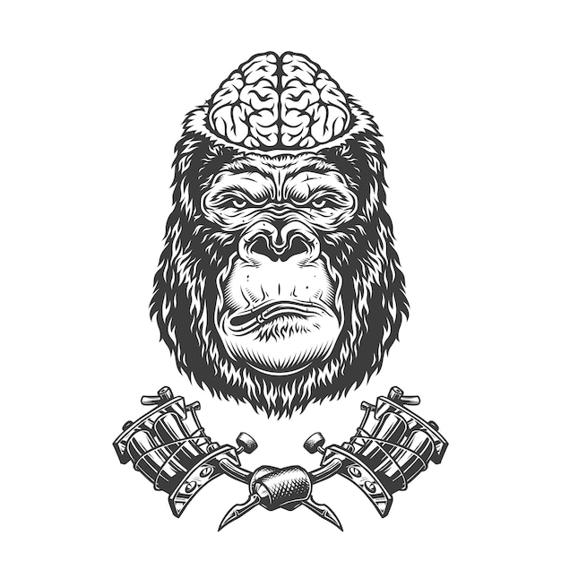 Vetor grátis cabeça de gorila vintage com cérebro humano