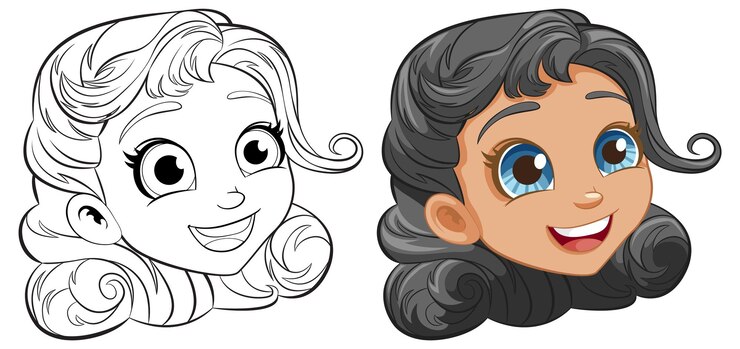 Vetor grátis cabeça de menina de desenho animado sorridente com esboço para colorir páginas