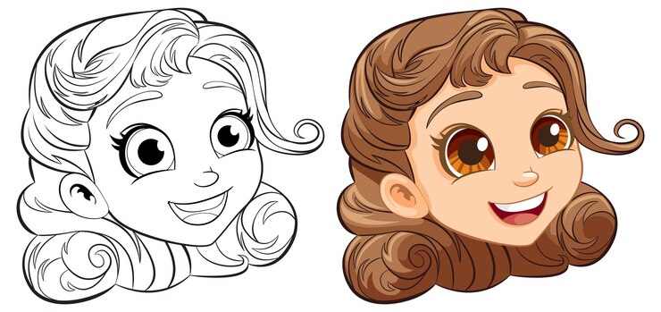 Vetor grátis cabeça de menina de desenho animado sorridente com esboço para colorir páginas