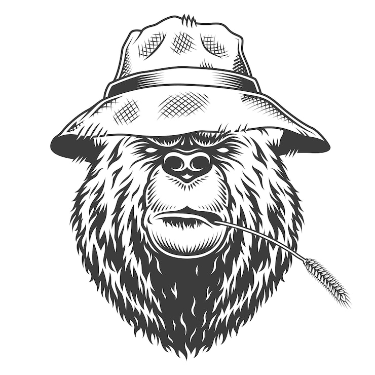 Vetor grátis cabeça de urso sério usando chapéu panamá