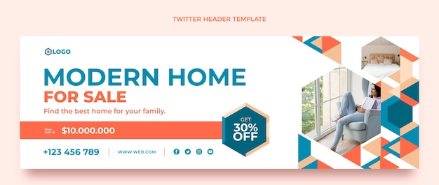 Cabeçalho de twitter de design plano geométrico de imóveis