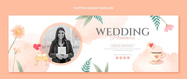 Vetor grátis cabeçalho de twitter em aquarela para empresa de planejamento de casamento