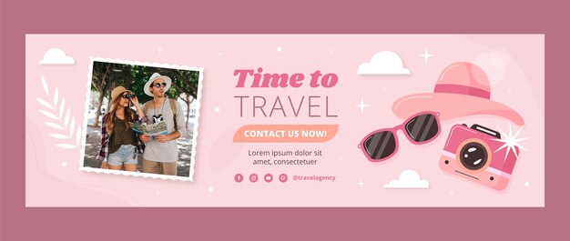 Cabeçalho do twitter da agência de viagens de design plano desenhado à mão
