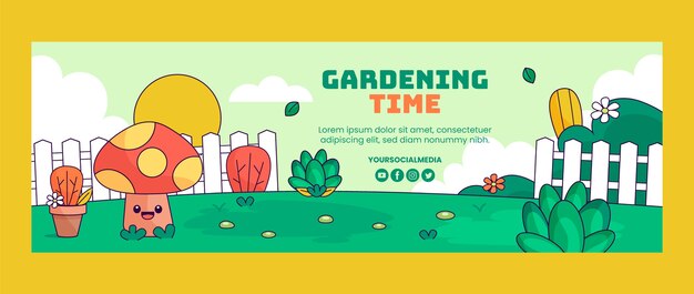 Cabeçalho do twitter de jardinagem desenhado à mão com cogumelo fofo
