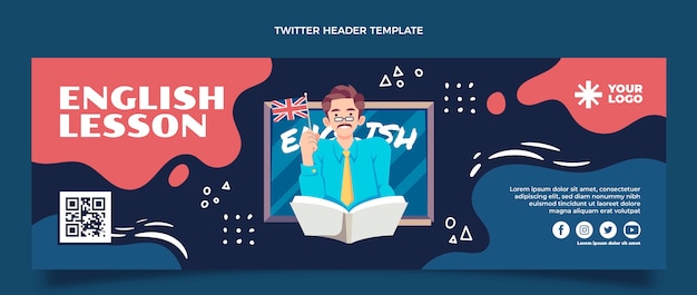 Cabeçalho do twitter de lições de inglês desenhadas à mão