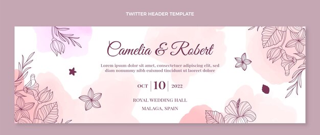 Cabeçalho do Twitter do casamento desenhado à mão em aquarela