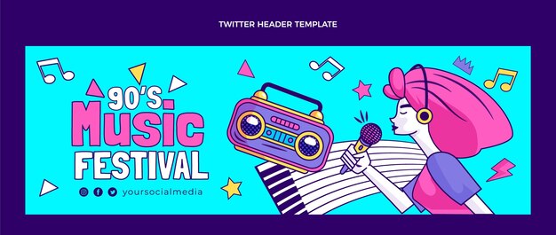 Cabeçalho do Twitter do festival de música nostálgico desenhado à mão dos anos 90