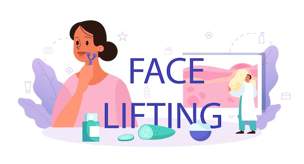 Cabeçalho tipográfico de levantamento facial cuidados e tratamento da pele Cosmetologista tratando a pele Procedimento cosmético para pele problemática Beleza e tratamento plástico Ilustração vetorial isolada