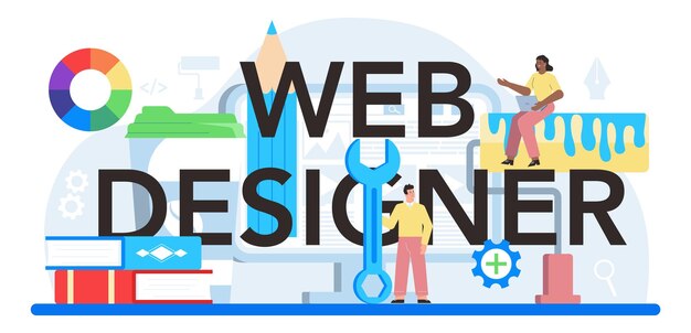 Cabeçalho tipográfico do web designer Apresentando conteúdo em páginas da web Composição do layout do site e desenvolvimento de cores Ideia de tecnologia de computador Ilustração em vetor plana