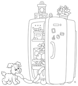 Cachorrinho glutão roubando salsichas saborosas de uma geladeira com alimentos