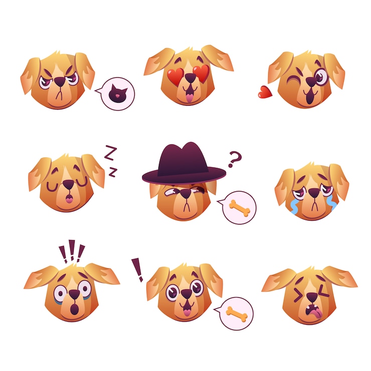 Vetor grátis cachorrinho pequeno do cão do animal de estimação do pug com coleção do colar de expressões faciais do emoji