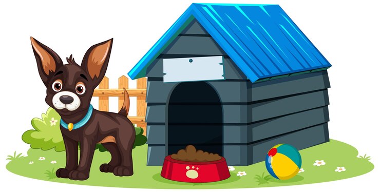 Vetor grátis cachorro adorável com casinha de cachorro