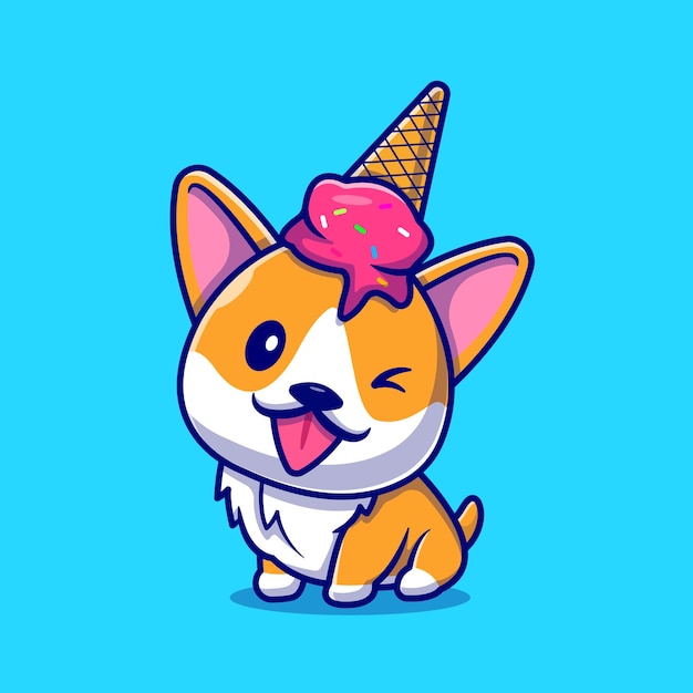 Cachorro corgi bonito com sorvete na personagem de desenho animado de cabeça. alimento animal isolado.