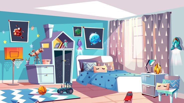 Vetor grátis caçoe a ilustração interior da sala do menino da mobília moderna do quarto no estilo escandinavo azul.